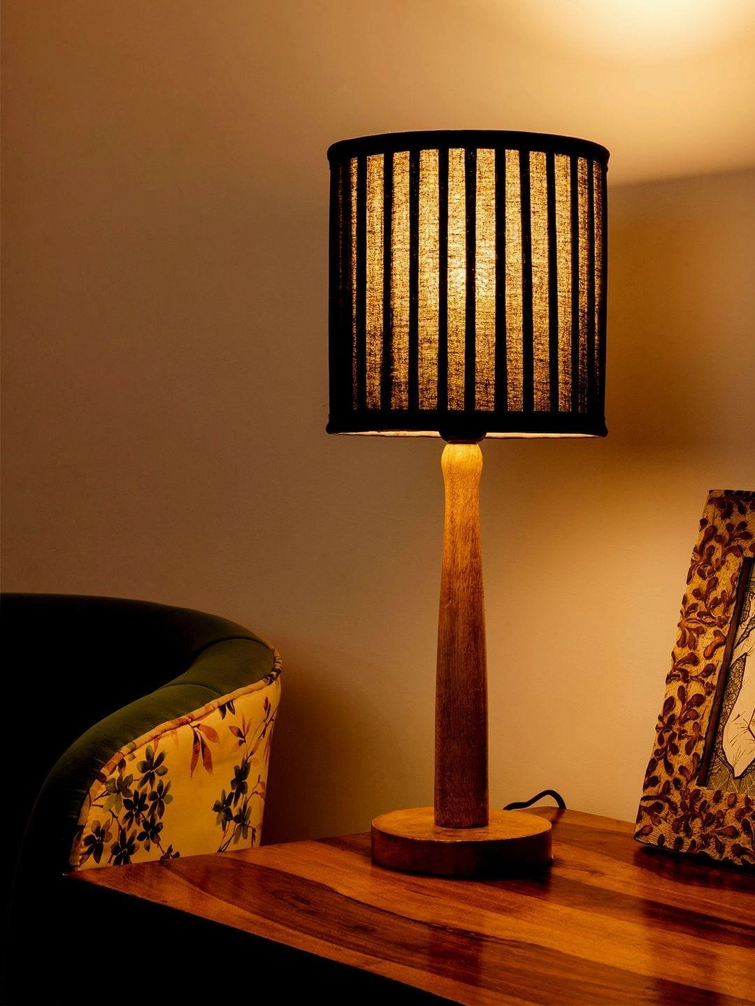 Wooden Brown Lamp with pleeted Balck Shade Louis Poulsen chandelier
