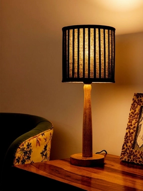 Wooden Brown Lamp with pleeted Balck Shade Louis Poulsen chandelier