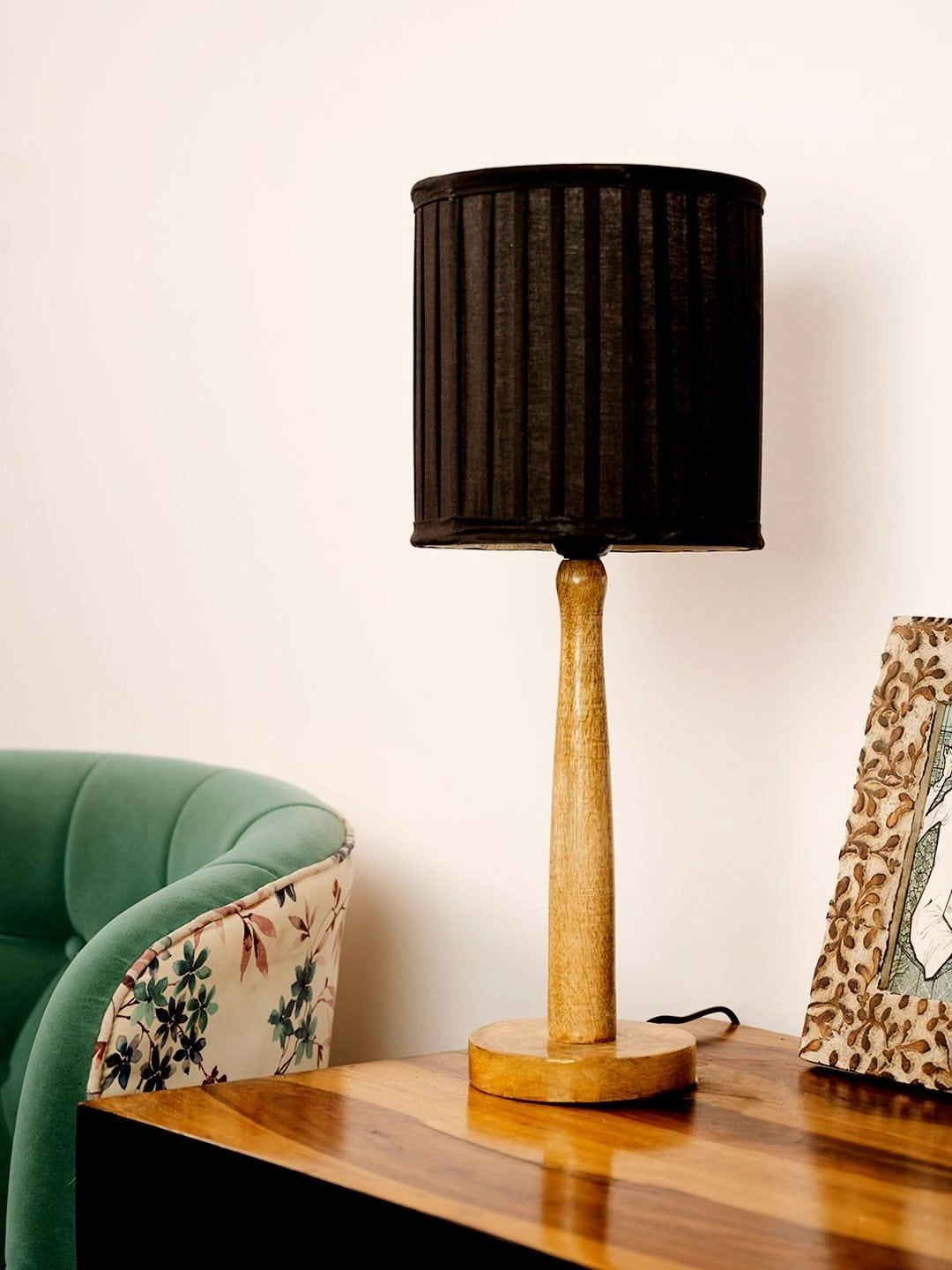 Wooden Brown Lamp with pleeted Balck Shade