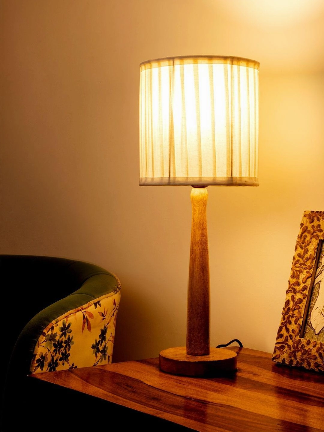 Wooden Brown Lamp with pleeted Balck Shade Louis Poulsen chandelier