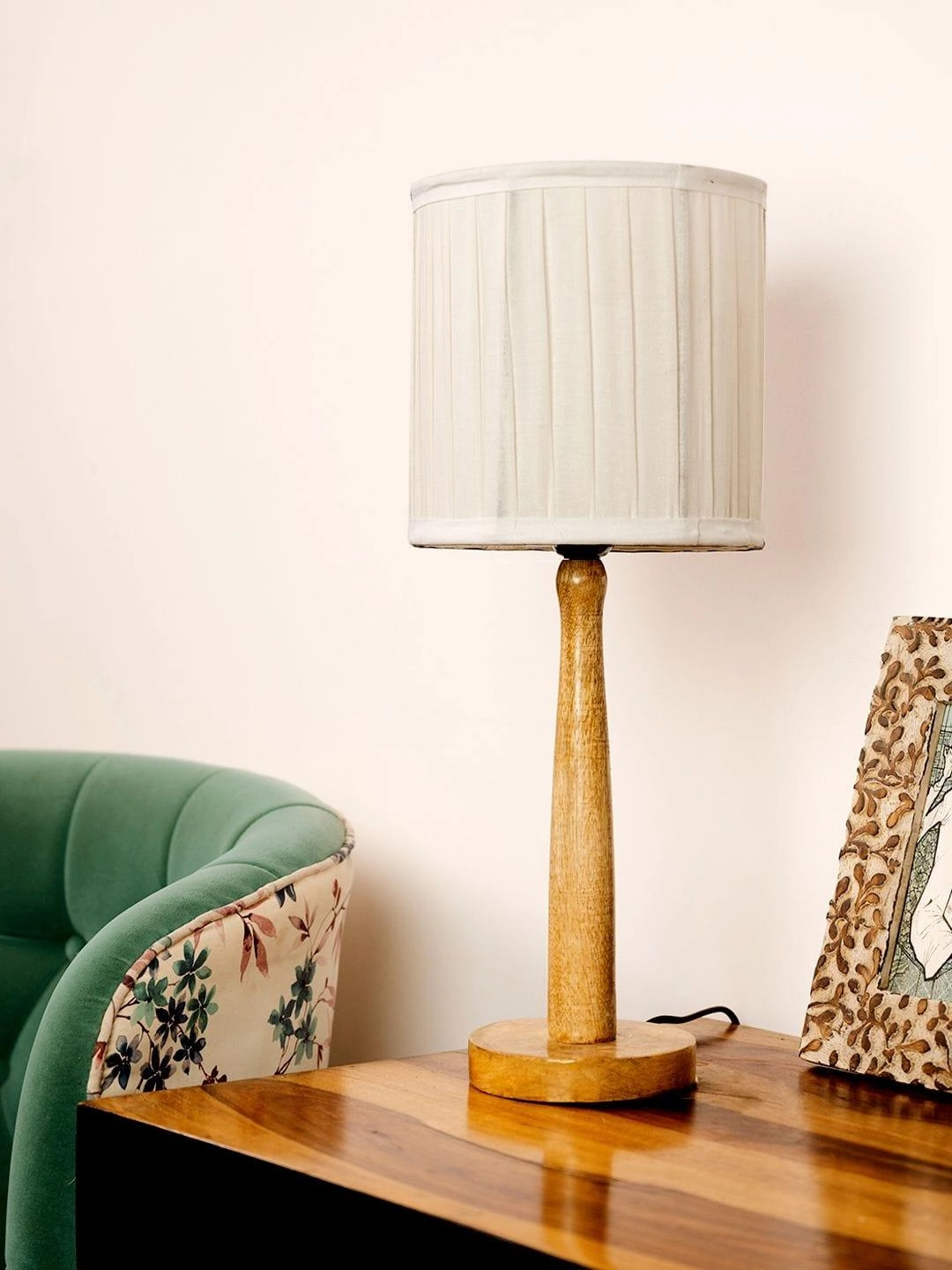 Wooden Brown Lamp with pleeted Balck Shade