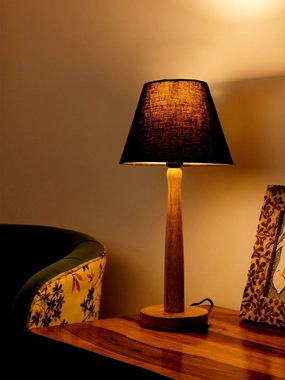 Wooden Brown Lamp with Taper Black Cotton Shade Louis Poulsen chandelier