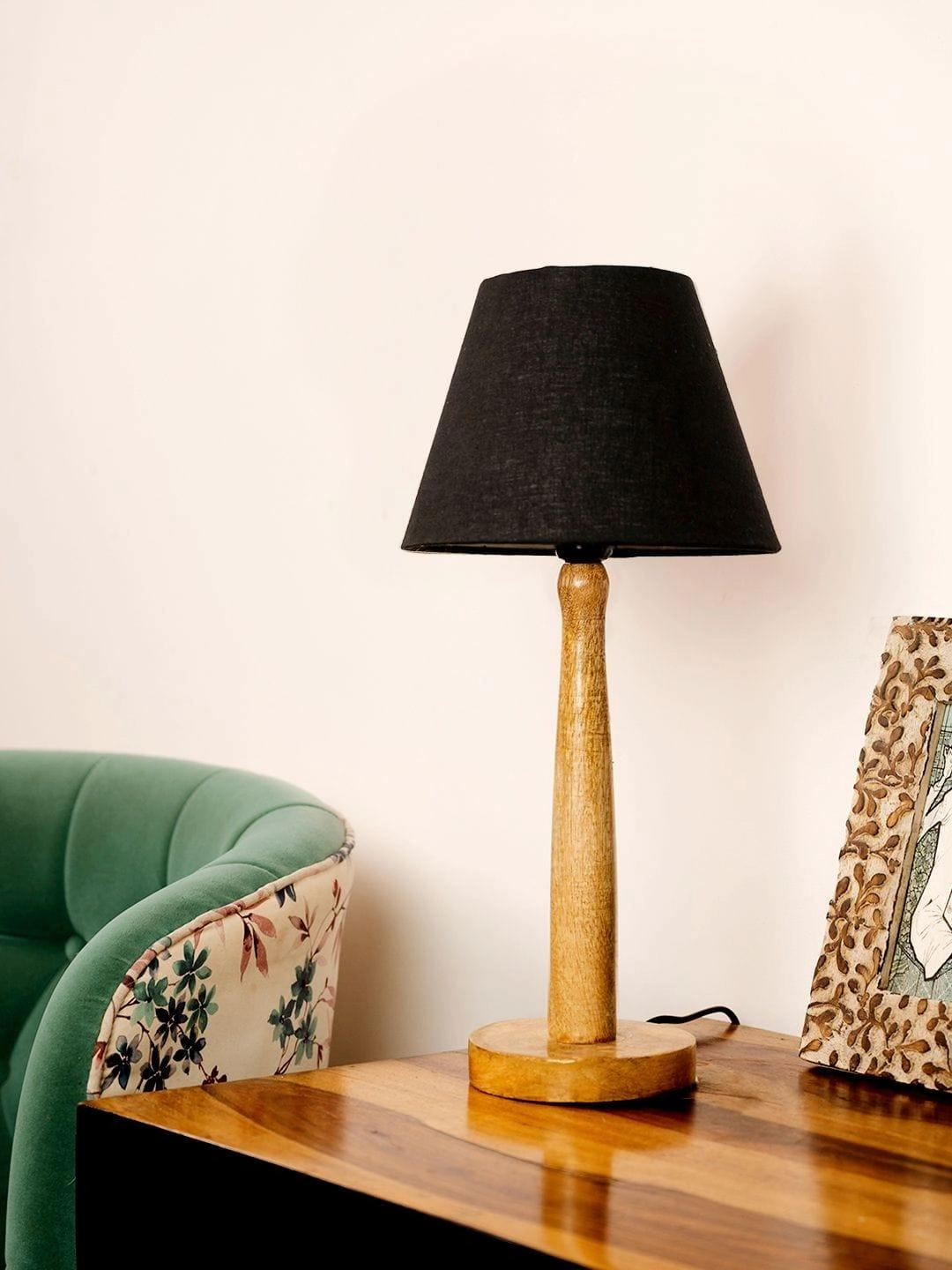 Wooden Brown Lamp with Taper Black Cotton Shade
