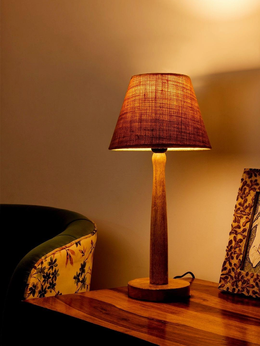 Wooden Brown Lamp with Taper Brown Jute Shade