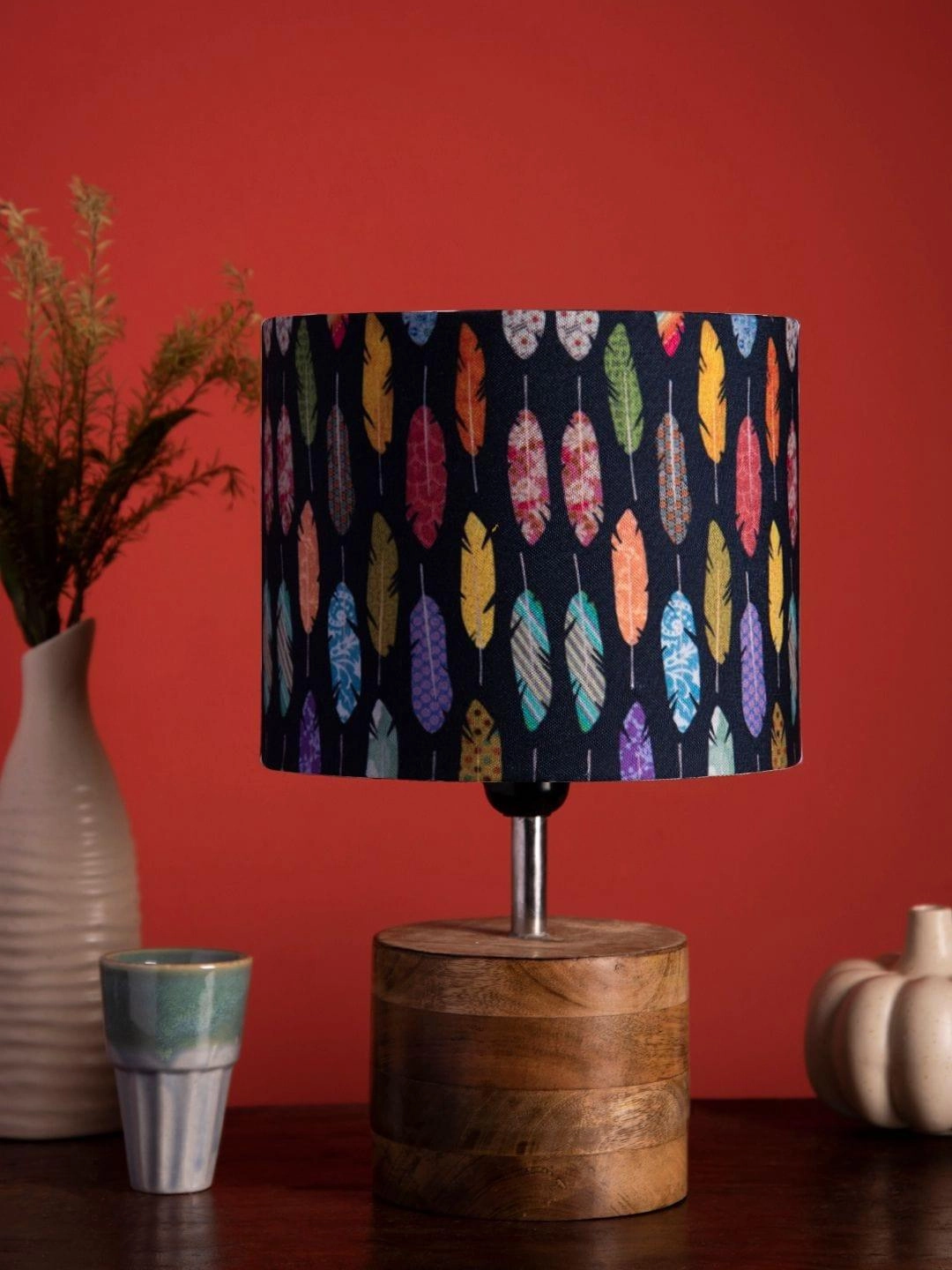 Wooden Brown Log Lamp with Colorful Feathers Shade