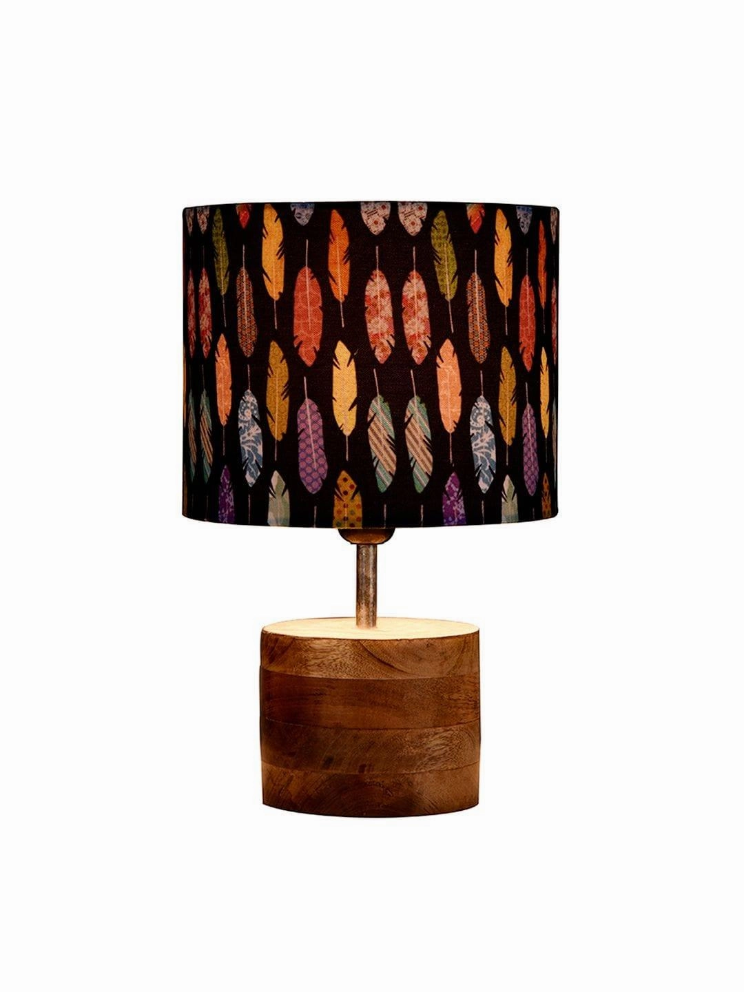 Wooden Brown Log Lamp with Colorful Feathers Shade