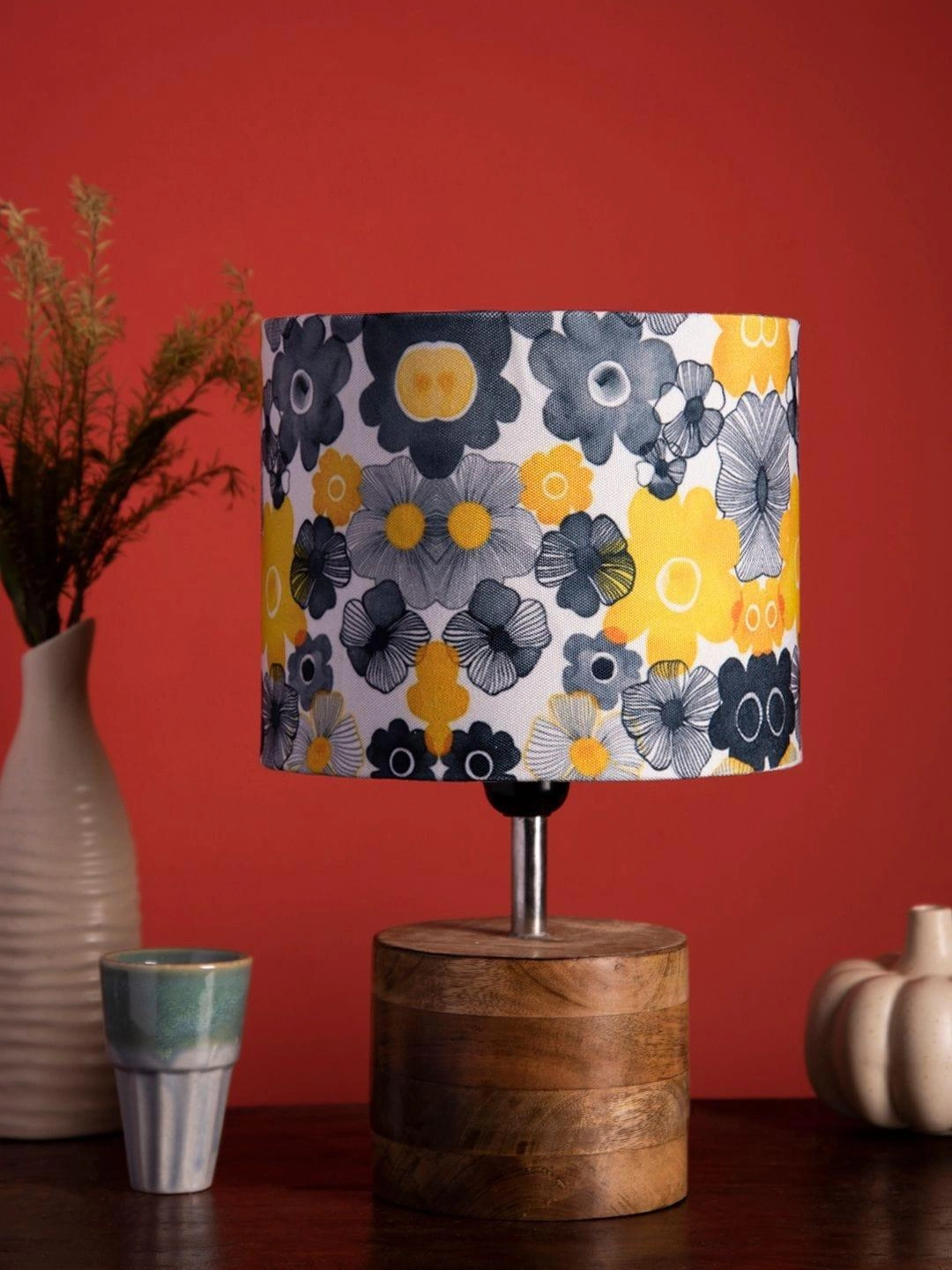 Wooden Brown Log Table Lamp with Lotus Floral Shade