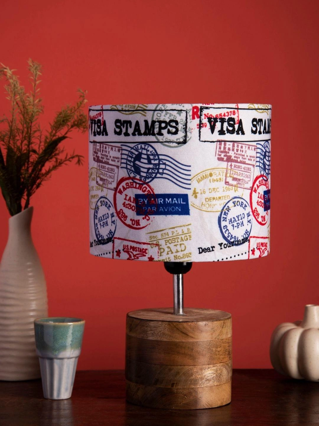 Wooden Brown Log Table Lamp with Multiple Stamps Shade
