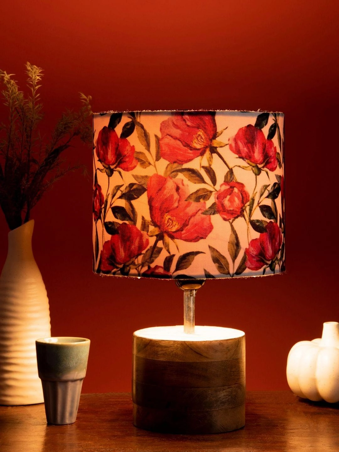 Wooden Brown Log Table Lamp with Pink Rose Shade Louis Poulsen chandelier