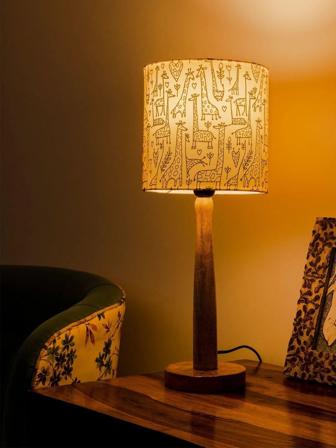 Wooden Brown Table Lamp with Animal Print Shade Louis Poulsen chandelier