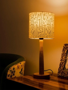 Wooden Brown Table Lamp with Animal Print Shade Louis Poulsen chandelier