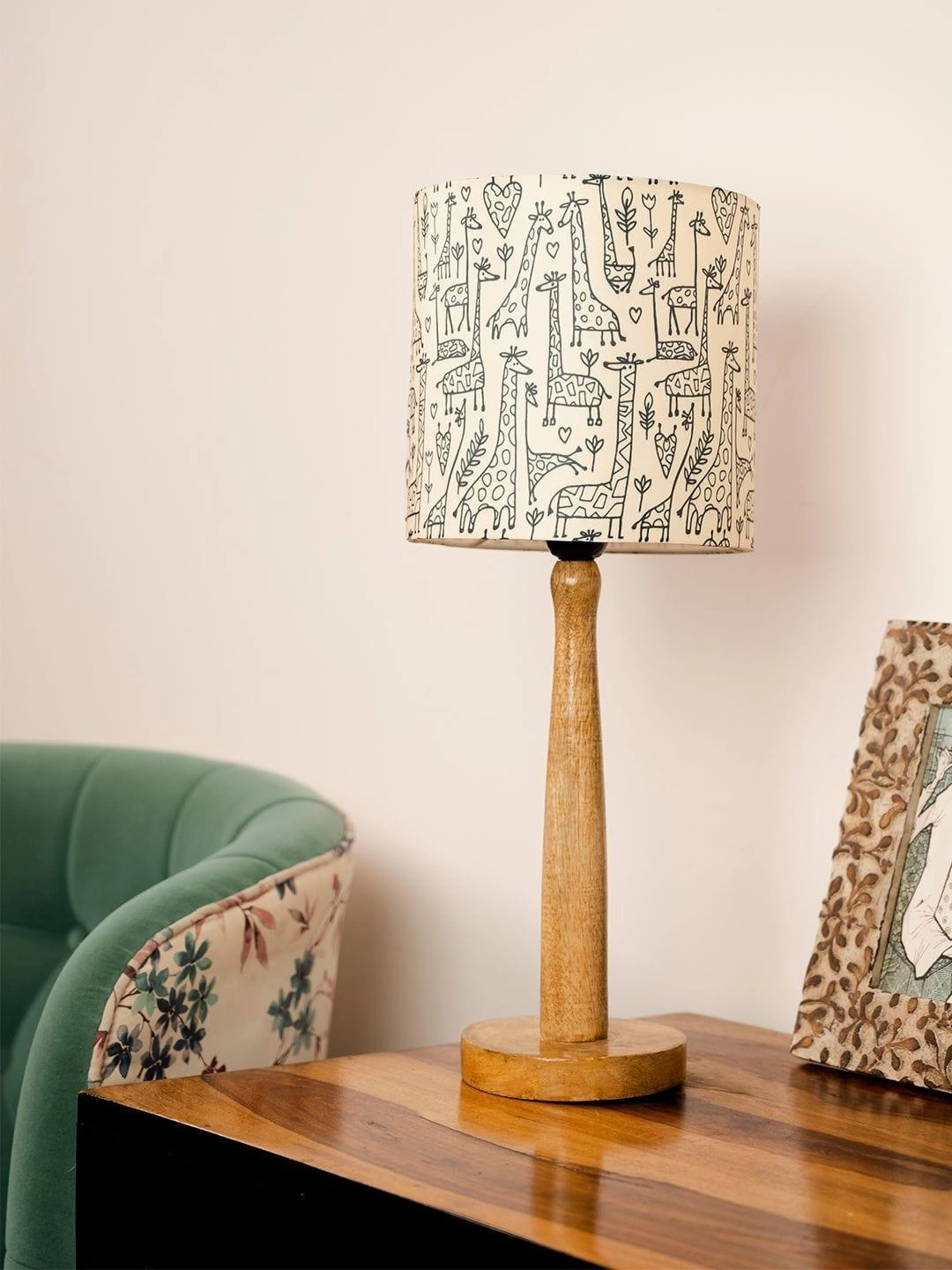 Wooden Brown Table Lamp with Animal Print Shade