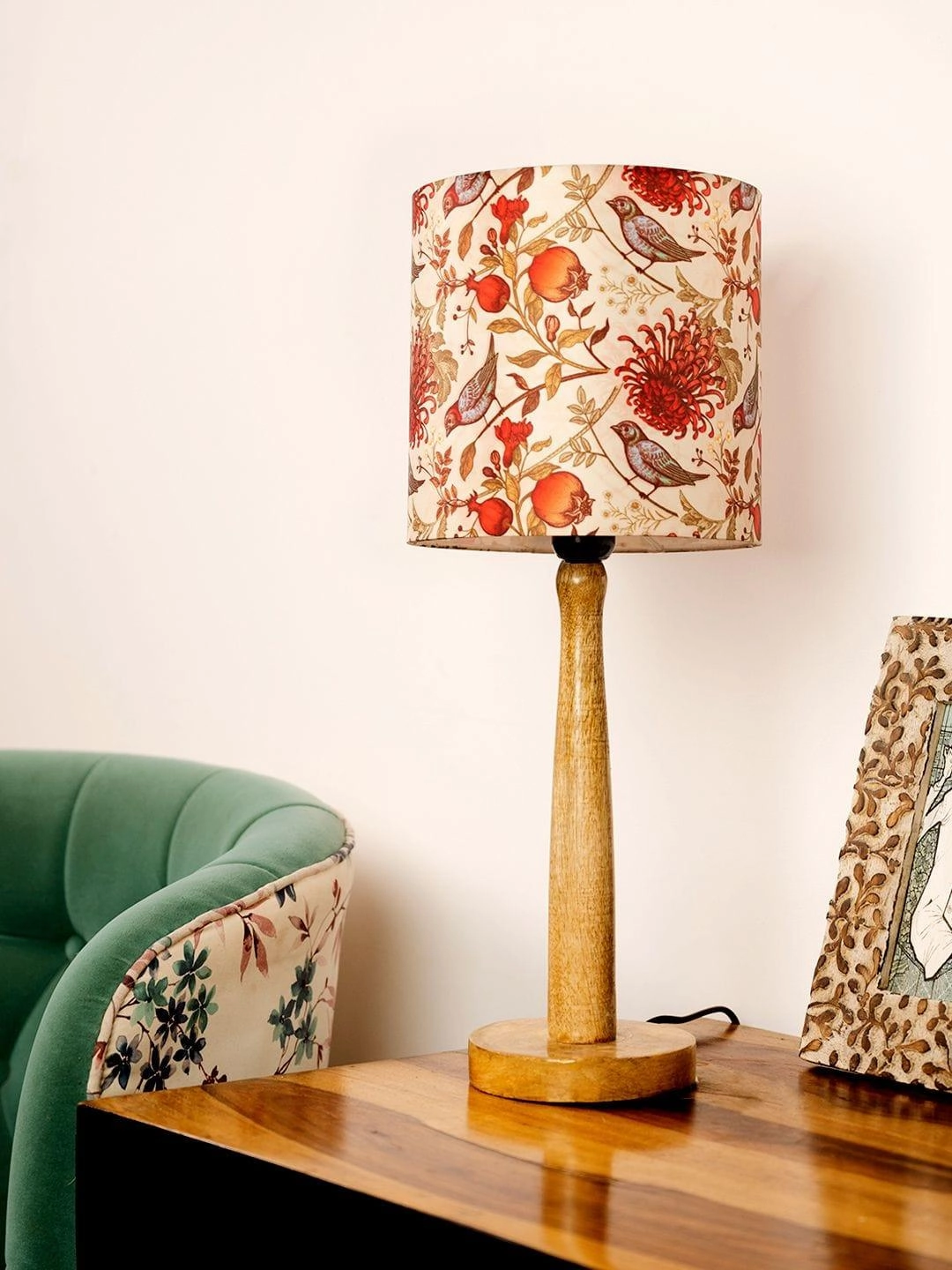 Wooden Brown Table Lamp with Birdy Shade