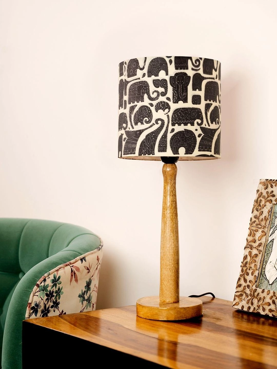 Wooden Brown Table Lamp with Black Elephant Shade