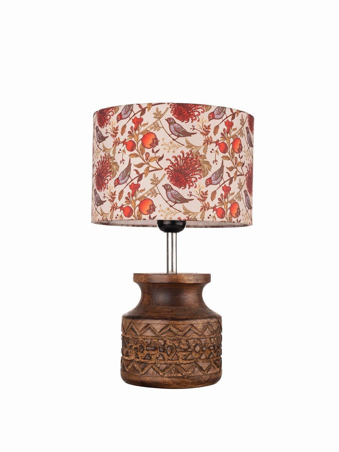 Wooden Carved Lamp with Birdy Multicolor Shade