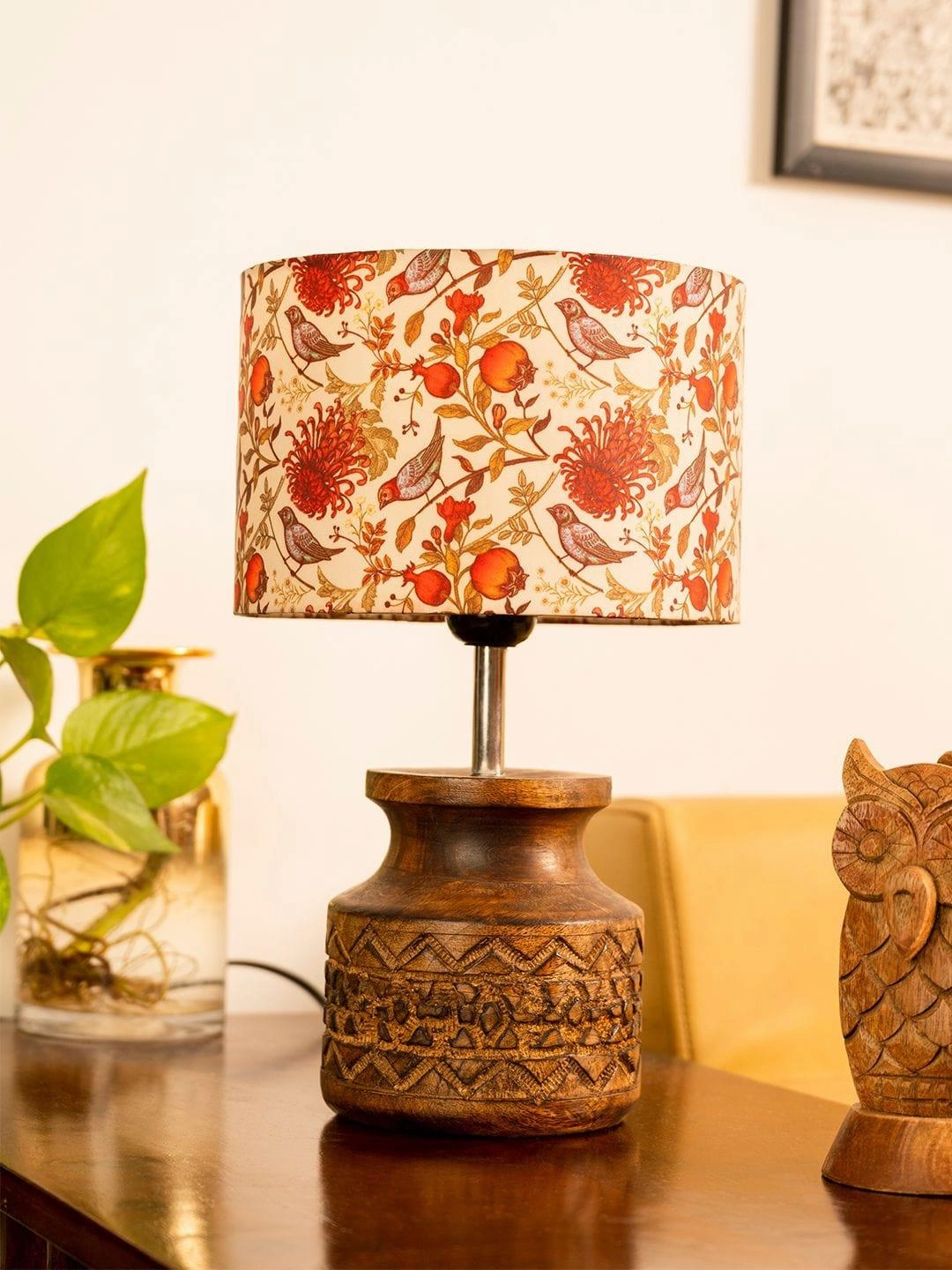 Wooden Carved Lamp with Birdy Multicolor Shade
