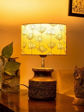 Wooden Carved Lamp with Mustard Flora Multicolor Shade Louis Poulsen chandelier