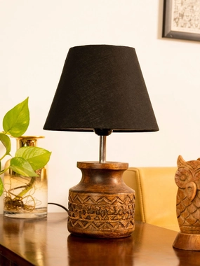 Wooden Carved Lamp with Taper Cotton Black Shade Louis Poulsen chandelier