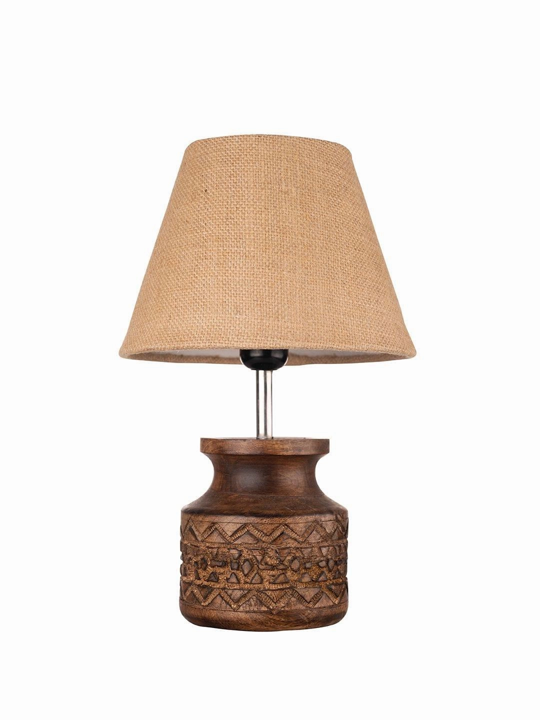 Wooden Carved Lamp with Taper Jute Brown Shade