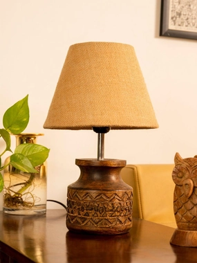 Wooden Carved Lamp with Taper Jute Brown Shade Louis Poulsen chandelier