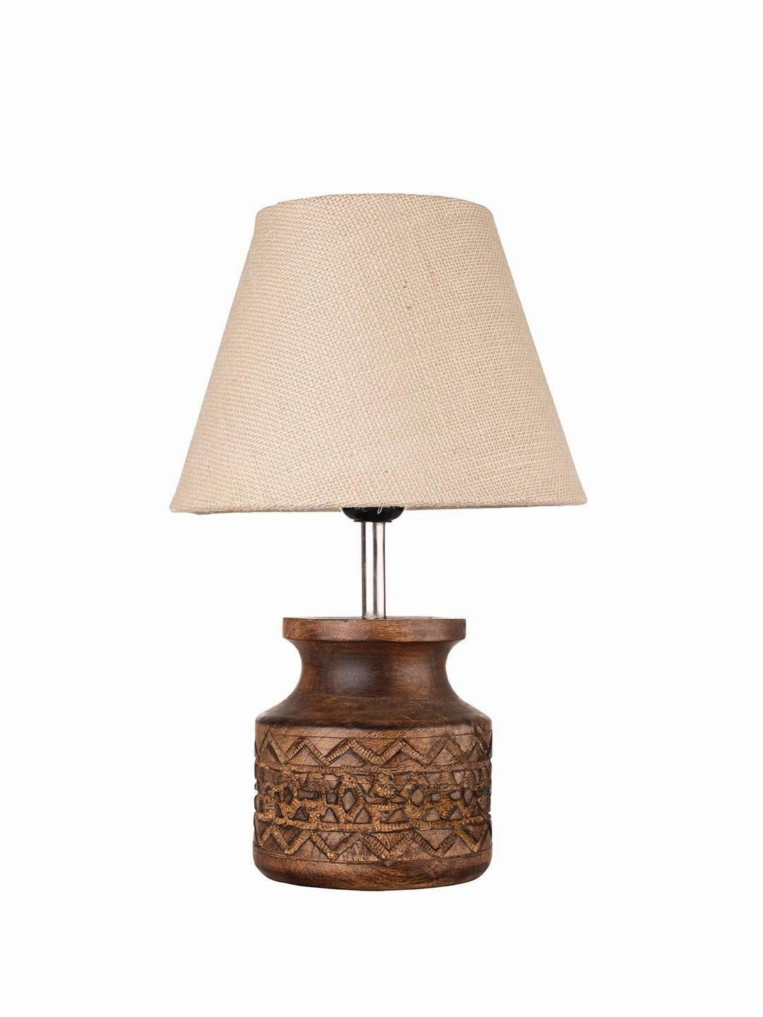 Wooden Carved Lamp with Taper Jute White Shade
