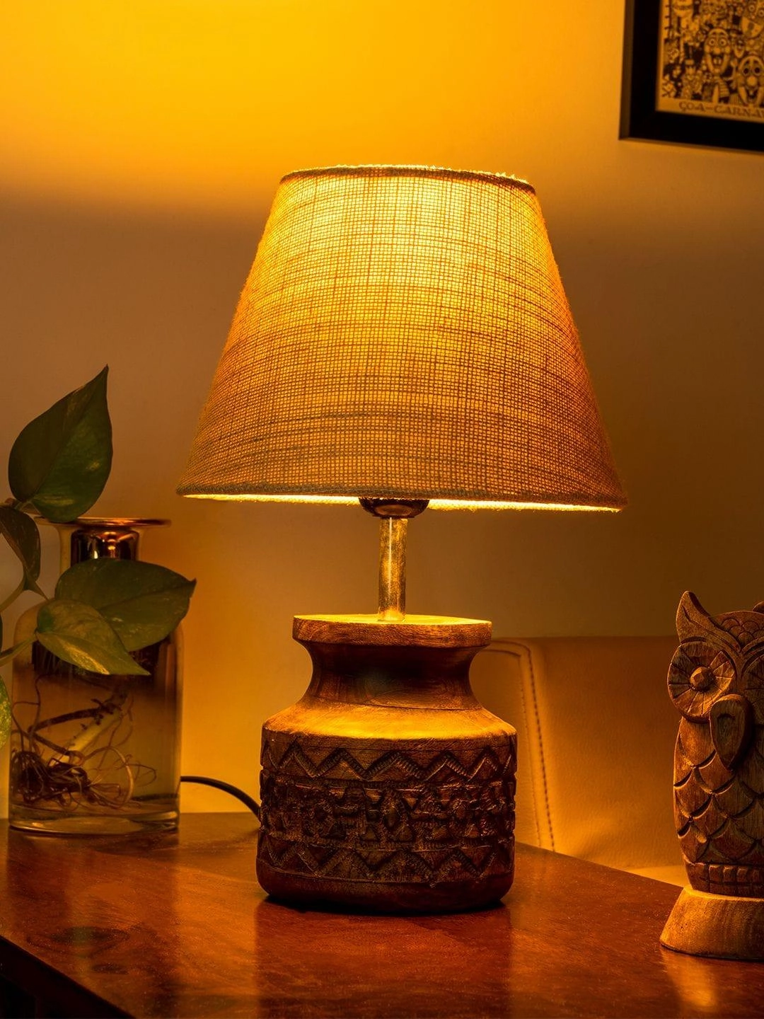 Wooden Carved Lamp with Taper Jute White Shade