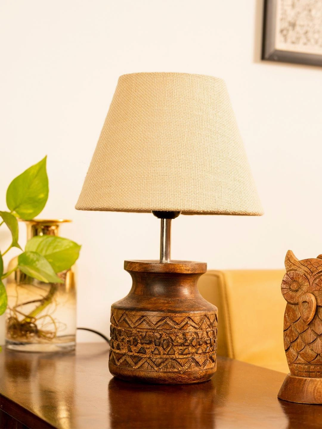 Wooden Carved Lamp with Taper Jute White Shade Louis Poulsen chandelier