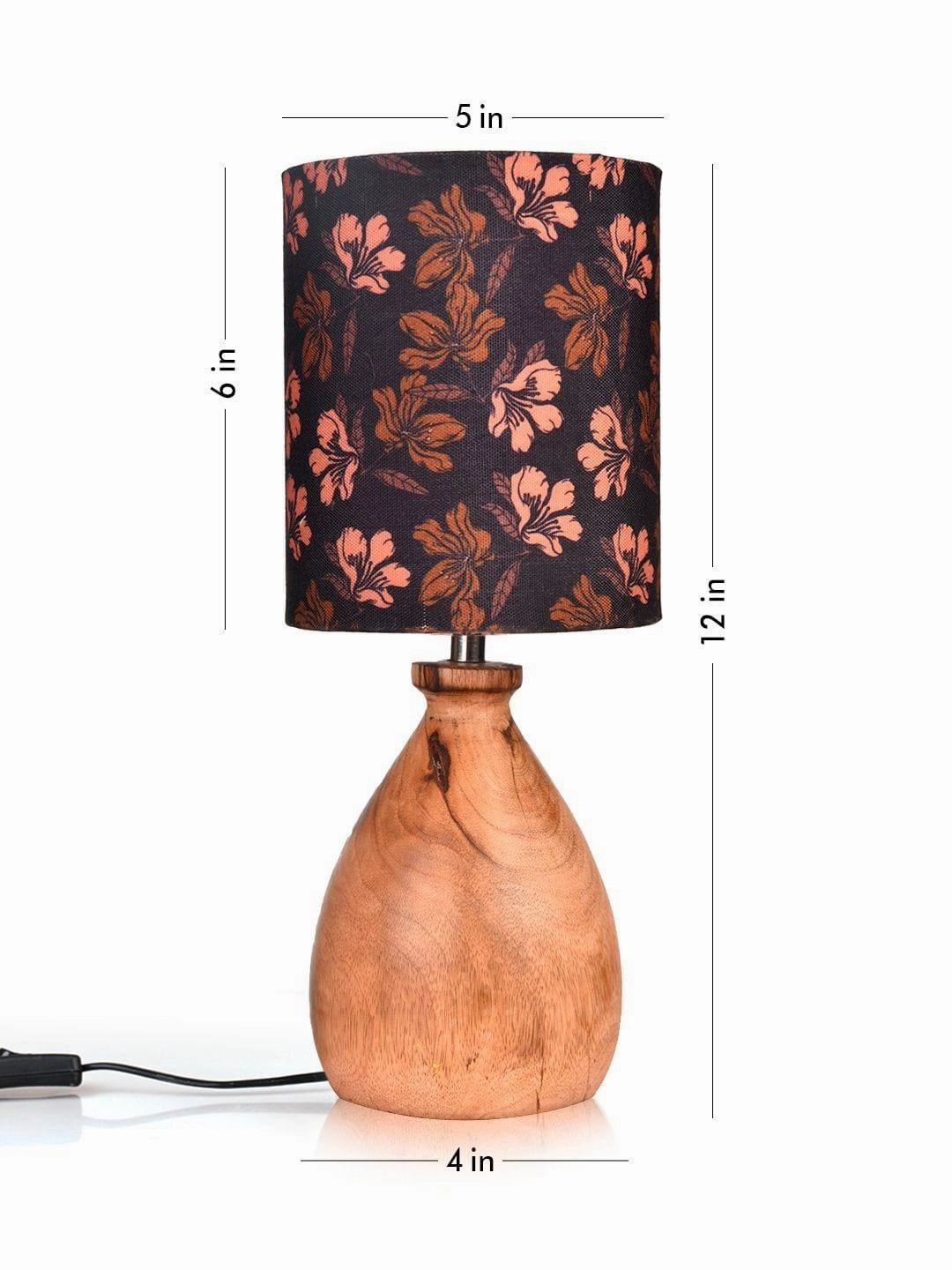 Wooden Dome Table Lamp Black Floral Shade