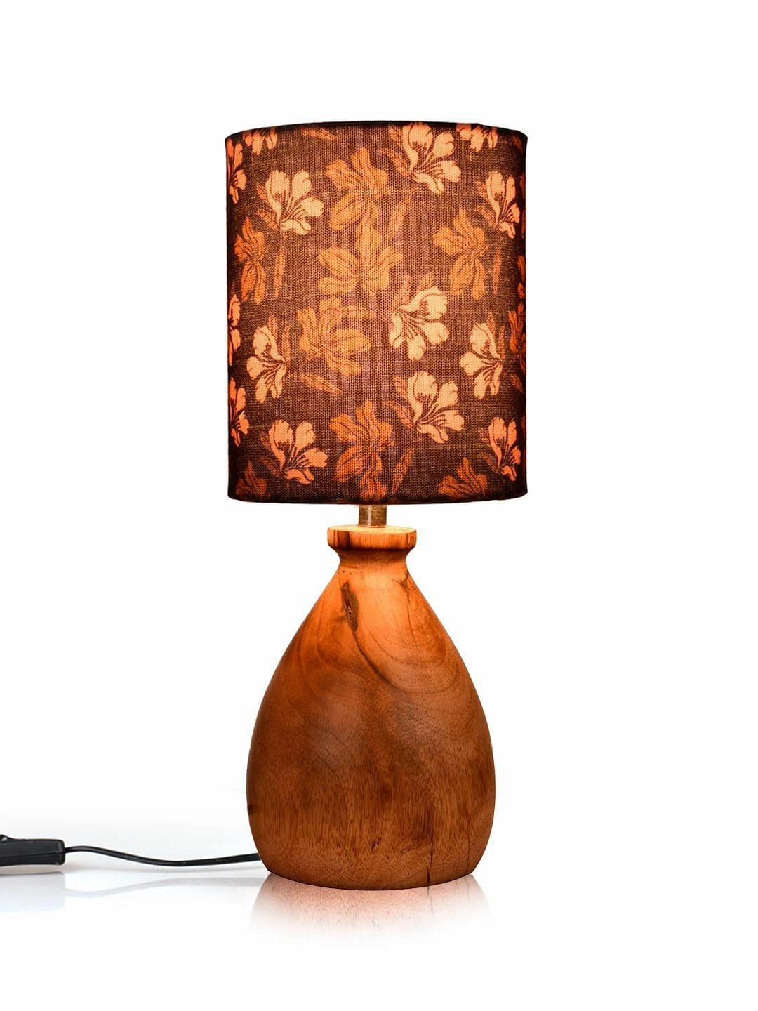 Wooden Dome Table Lamp Black Floral Shade