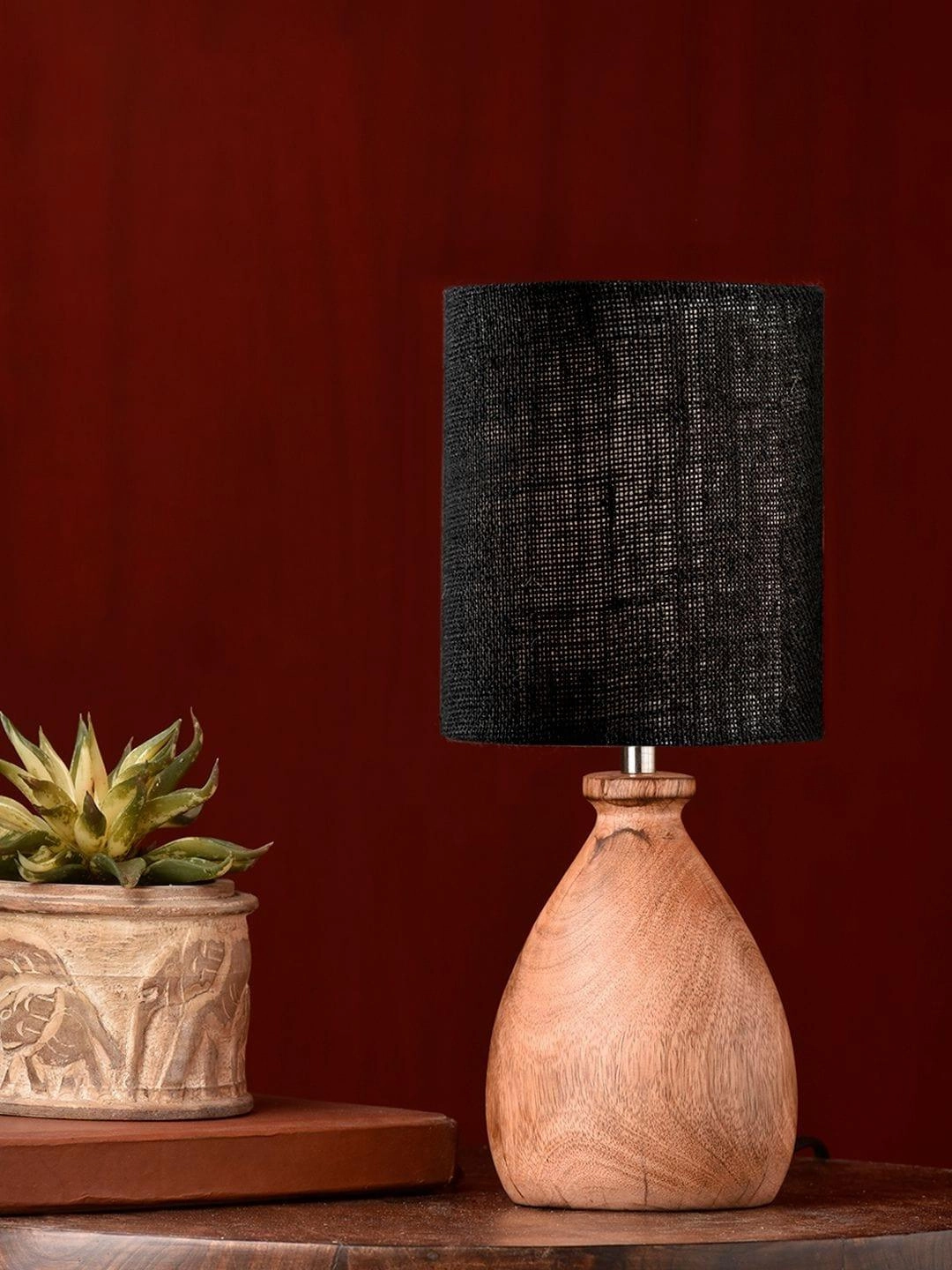 Wooden Dome Table Lamp with Jute Black Shade