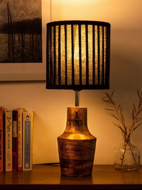 Wooden Firkin Lamp with Pleeted Cotton Black Shade Louis Poulsen chandelier