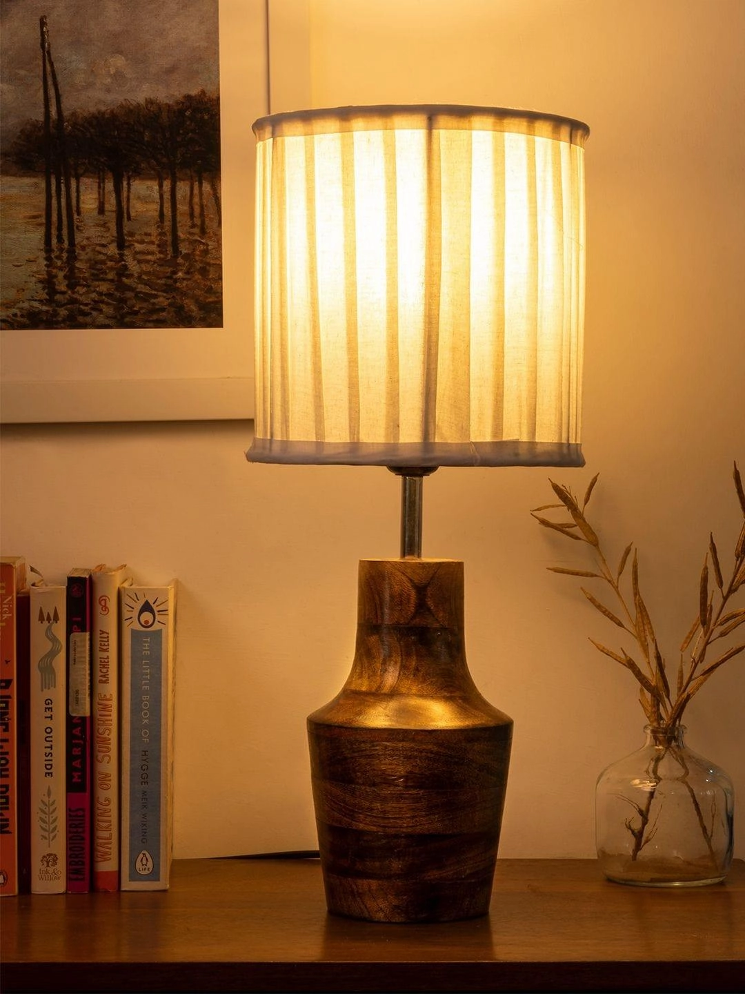 Wooden Firkin Lamp with Pleeted Cotton White Shade Louis Poulsen chandelier