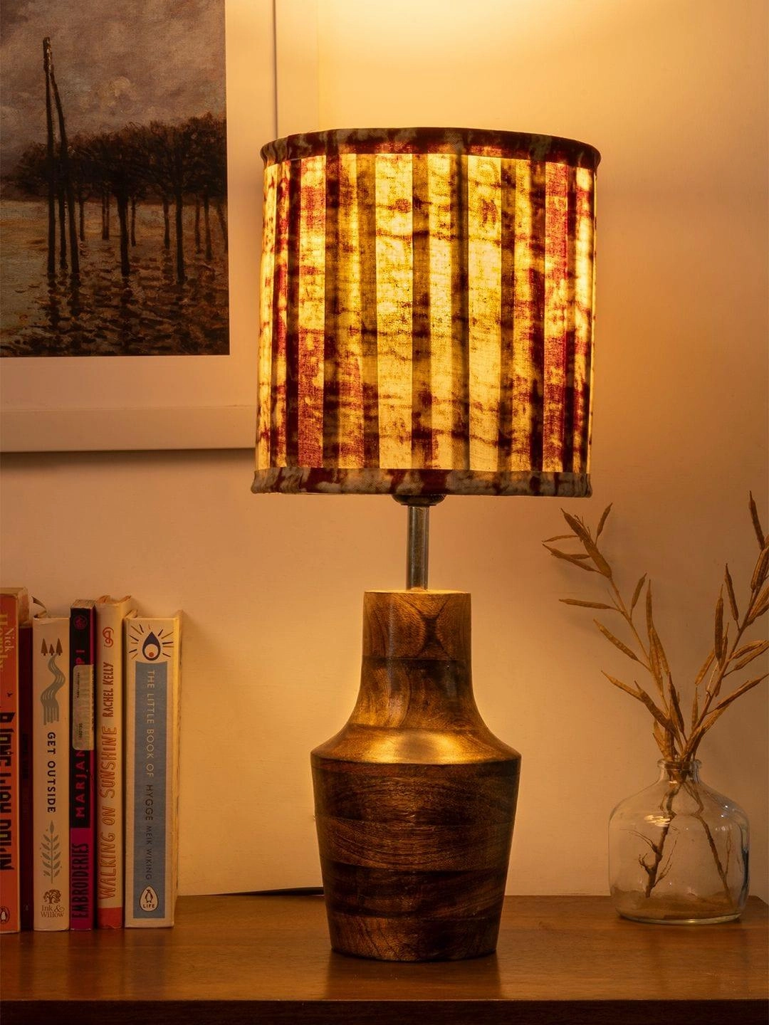 Wooden Firkin Lamp with Pleeted Multicolor Maroon Shade Louis Poulsen chandelier