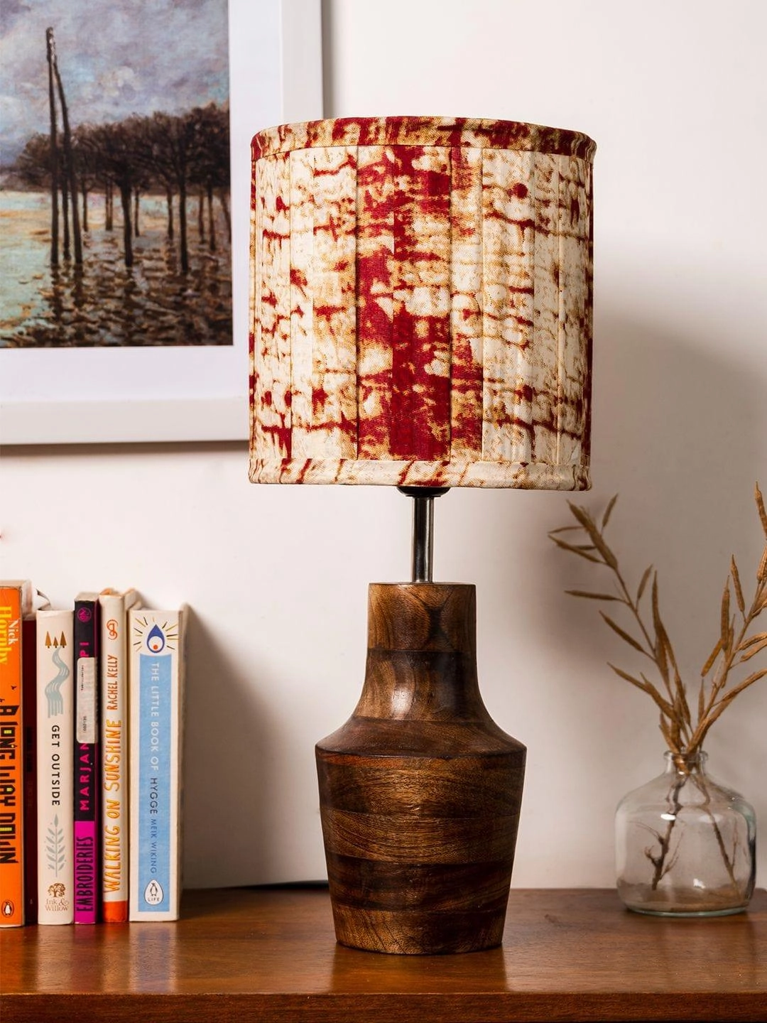 Wooden Firkin Lamp with Pleeted Multicolor Maroon Shade
