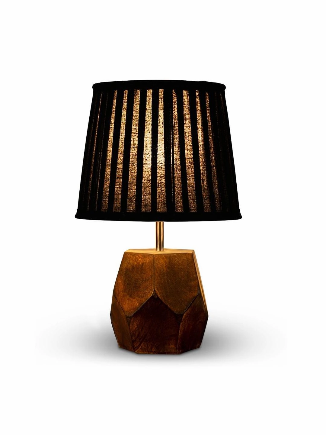 Wooden Hexa Lamp with Pleeted Cotton Black Shade