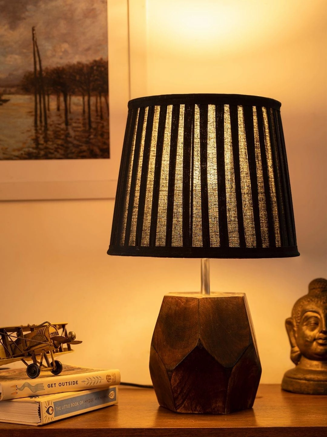 Wooden Hexa Lamp with Pleeted Cotton Black Shade Louis Poulsen chandelier