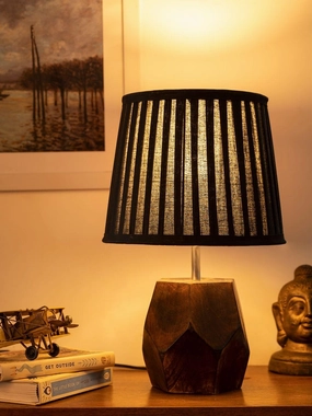Wooden Hexa Lamp with Pleeted Cotton Black Shade Louis Poulsen chandelier