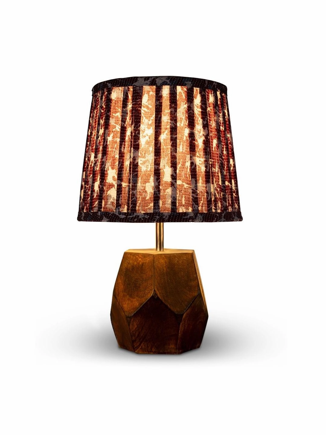 Wooden Hexa Lamp with Pleeted Multicolor Maroon Shade