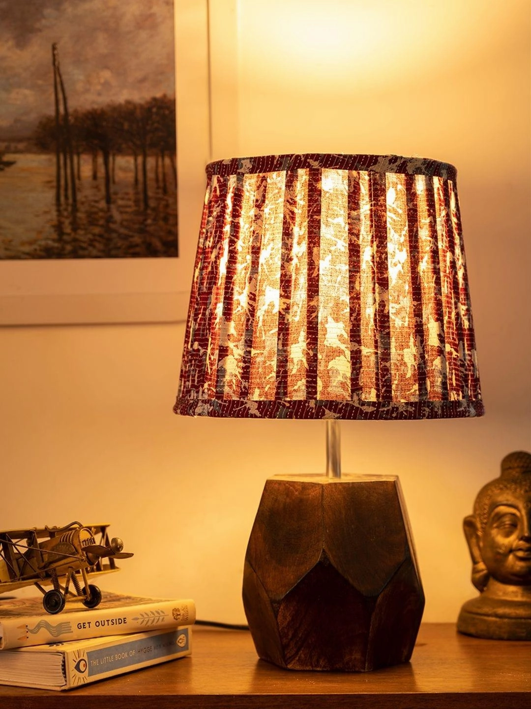 Wooden Hexa Lamp with Pleeted Multicolor Maroon Shade