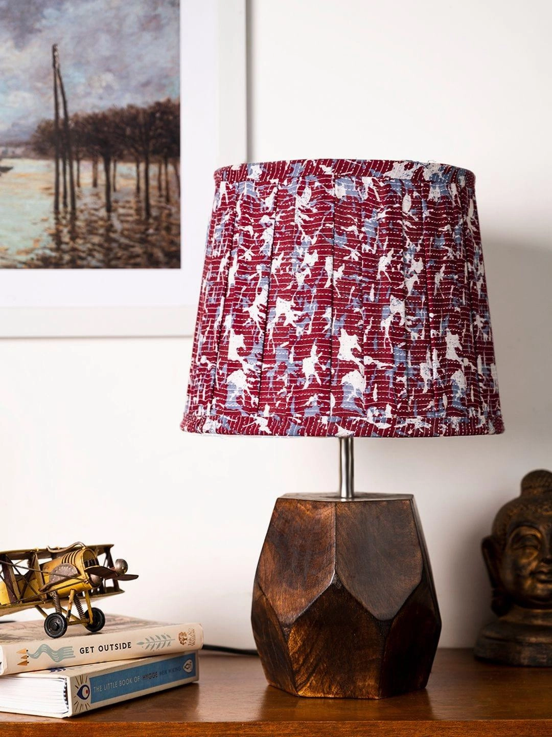 Wooden Hexa Lamp with Pleeted Multicolor Maroon Shade Louis Poulsen chandelier