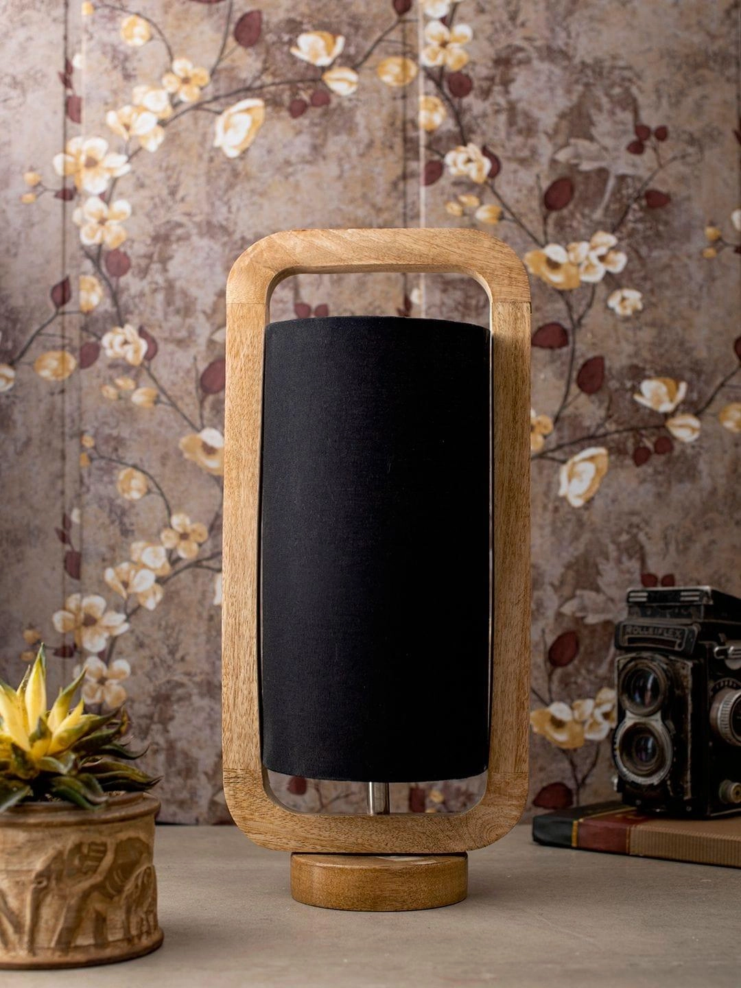 Wooden Lantern Lamp with Black Cotton Shade