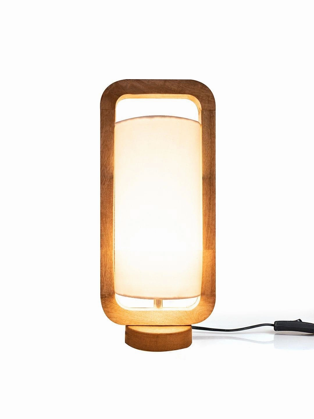 Wooden Lantern Lamp with White Cotton Shade