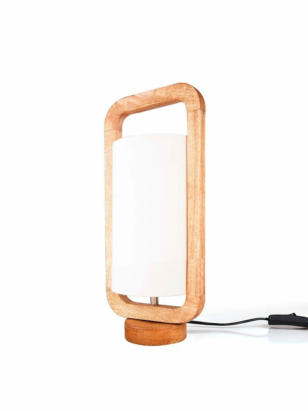 Wooden Lantern Lamp with White Cotton Shade