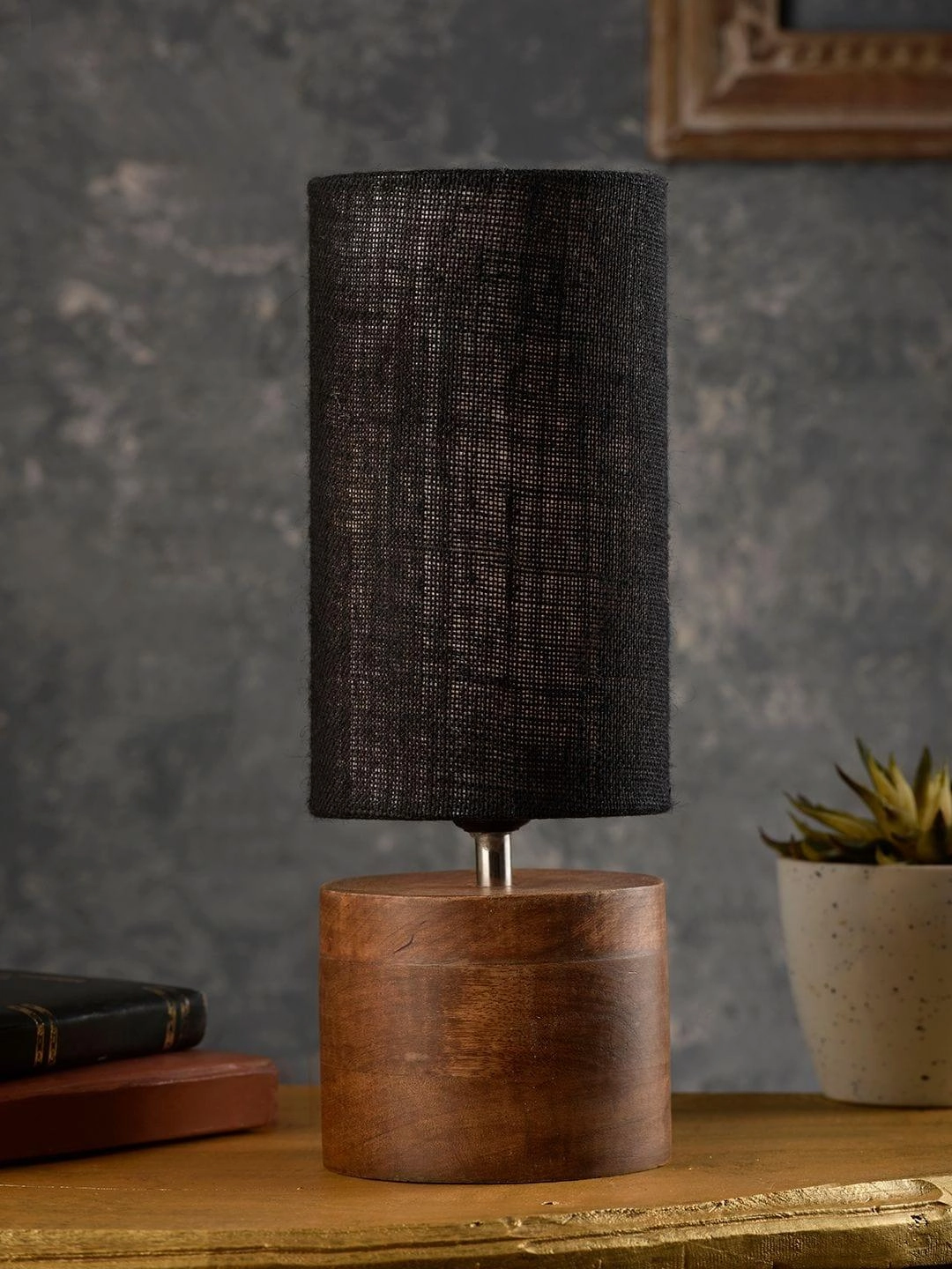 Wooden Log Table Lamp with Black Jute Shade