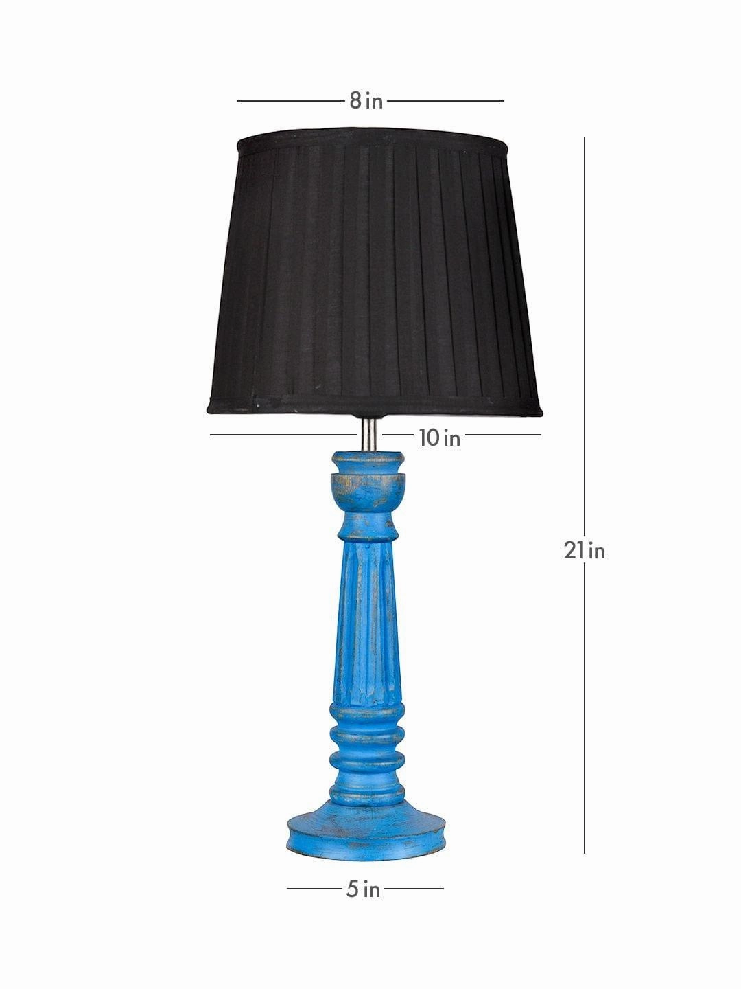 Wooden Pillar Blue lamp with pleeted Black Soft Shade