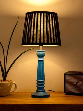 Wooden Pillar Blue lamp with pleeted Black Soft Shade Louis Poulsen chandelier