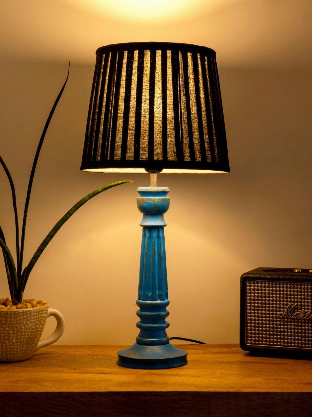 Wooden Pillar Blue lamp with pleeted Black Soft Shade Louis Poulsen chandelier
