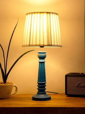 Wooden Pillar Blue lamp with pleeted White Soft Shade Louis Poulsen chandelier
