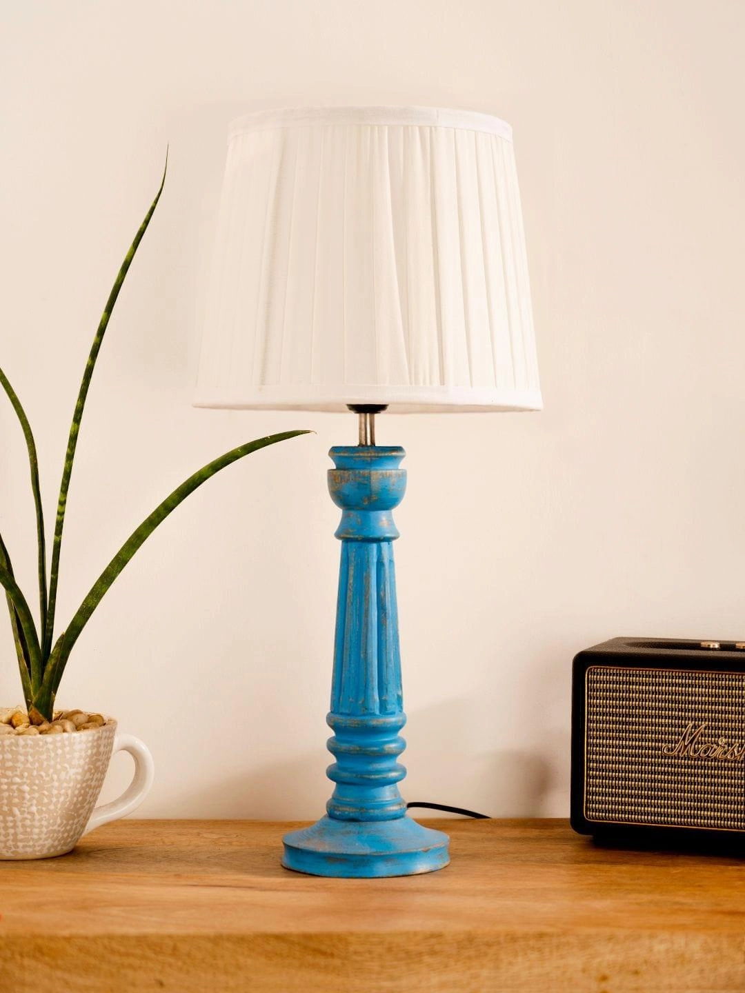 Wooden Pillar Blue lamp with pleeted White Soft Shade