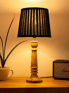 Wooden Pillar Brown lamp with pleeted Black Soft Shade Louis Poulsen chandelier